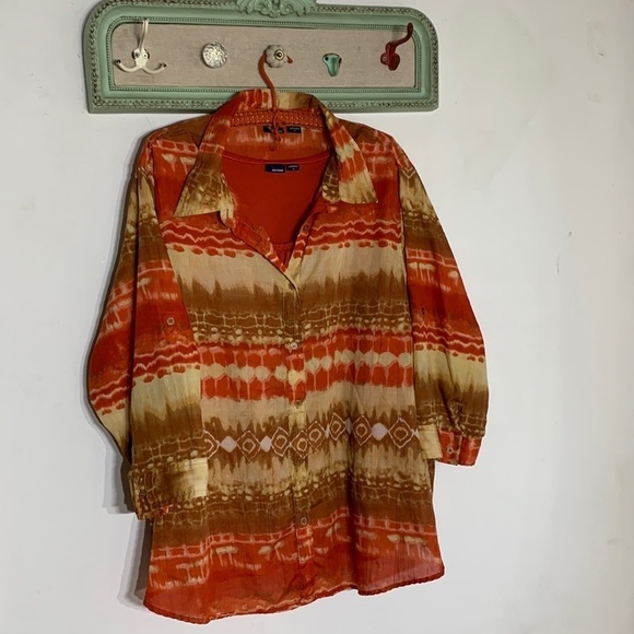 Basic Edition 2 piece women’s plus size button down top and tank Orange set - Picture 1 of 8